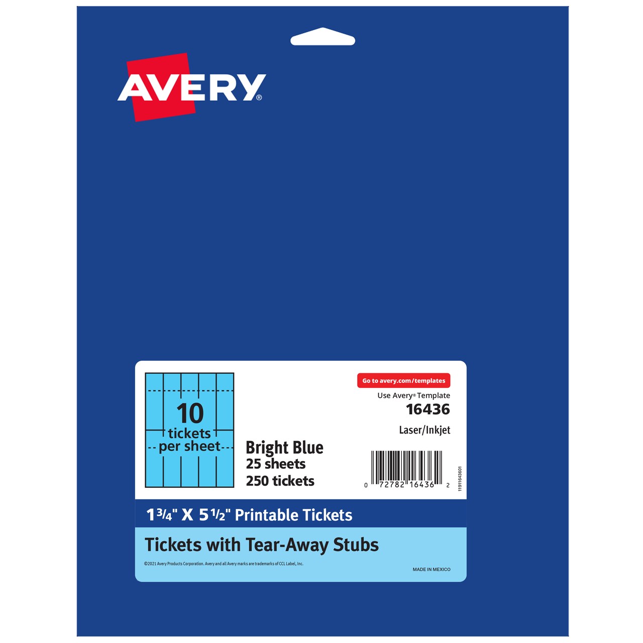 Avery Printable Tickets, Bright Blue, 1.75" x 5.5", Laser/Inkjet, 250 Tickets (16436)